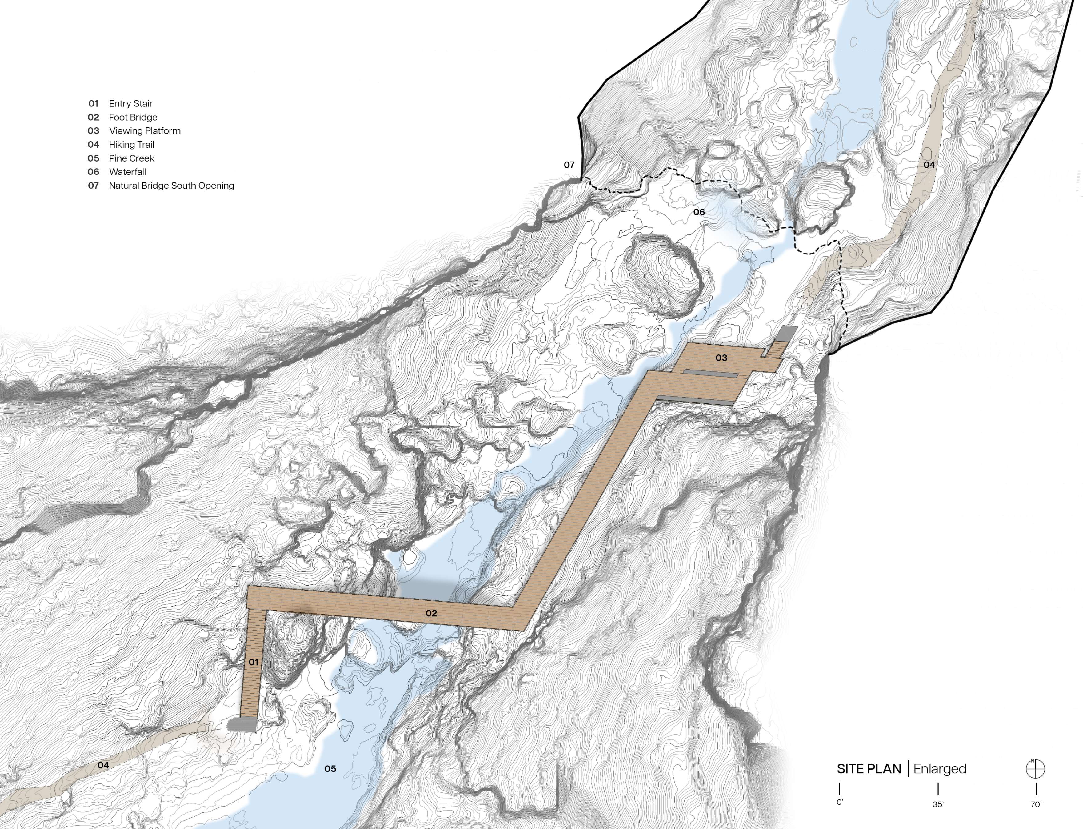 Topographic site plan of a natural area showing entry stairs, foot bridge, walking platform, walking trail, Pine Creek, and waterline. The plan highlights the Natural Bridge South opening.