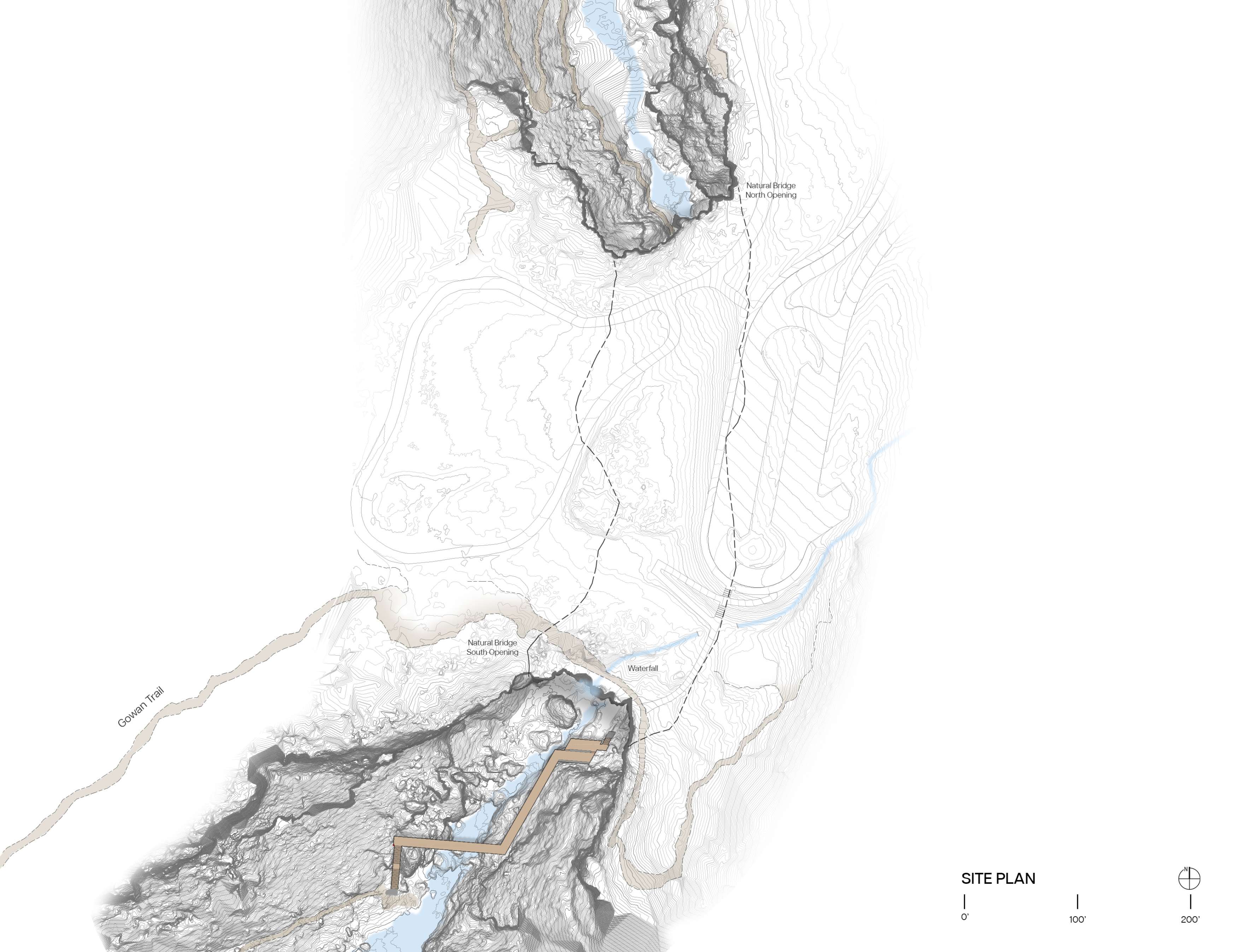 Topographic site plan featuring contour lines, labeled paths, and natural features. Indicated locations include “Outlook,” “Clearing,” “Waterbody,” among others. Scale and north direction shown at the bottom.