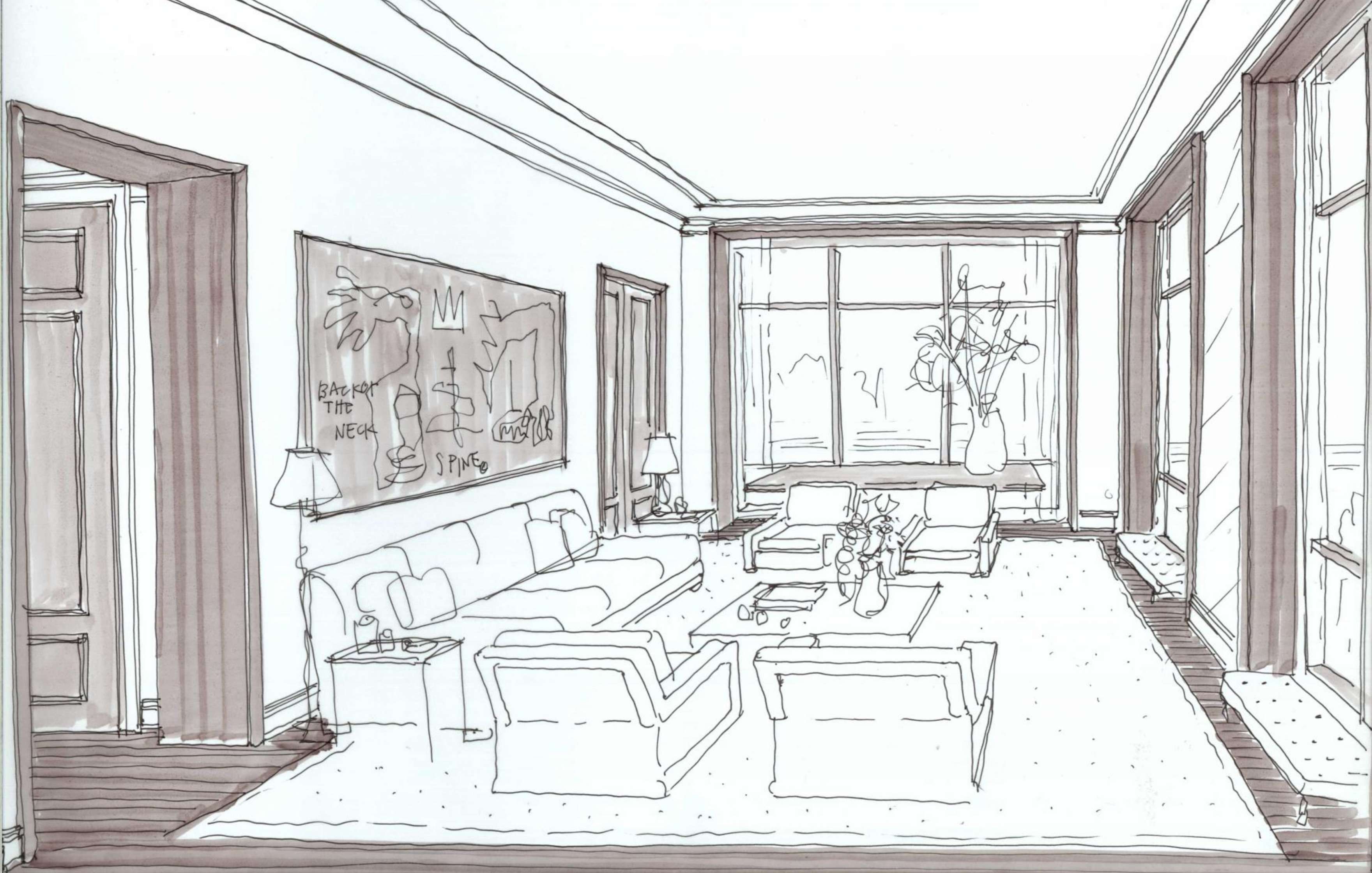 A black and white sketch of a modern living room with large windows, a couch, armchairs, a coffee table, artwork on the wall, and a tall plant.