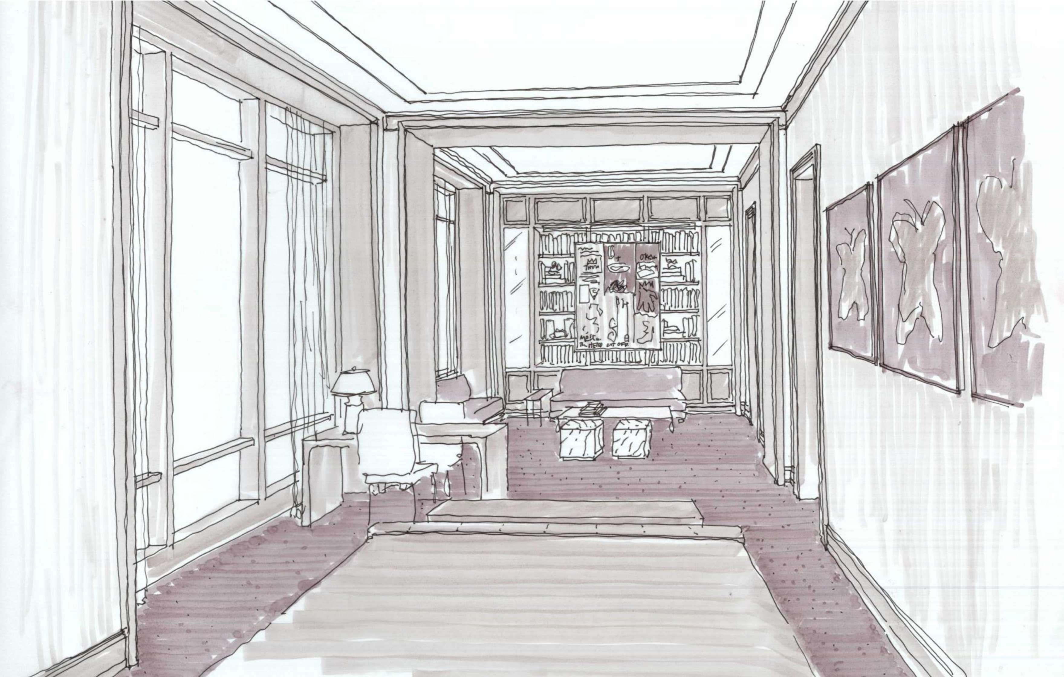 Sketch of a modern room with large windows, a seating area with chairs and a table, a bookshelf at the far end, and framed artwork on the right wall.