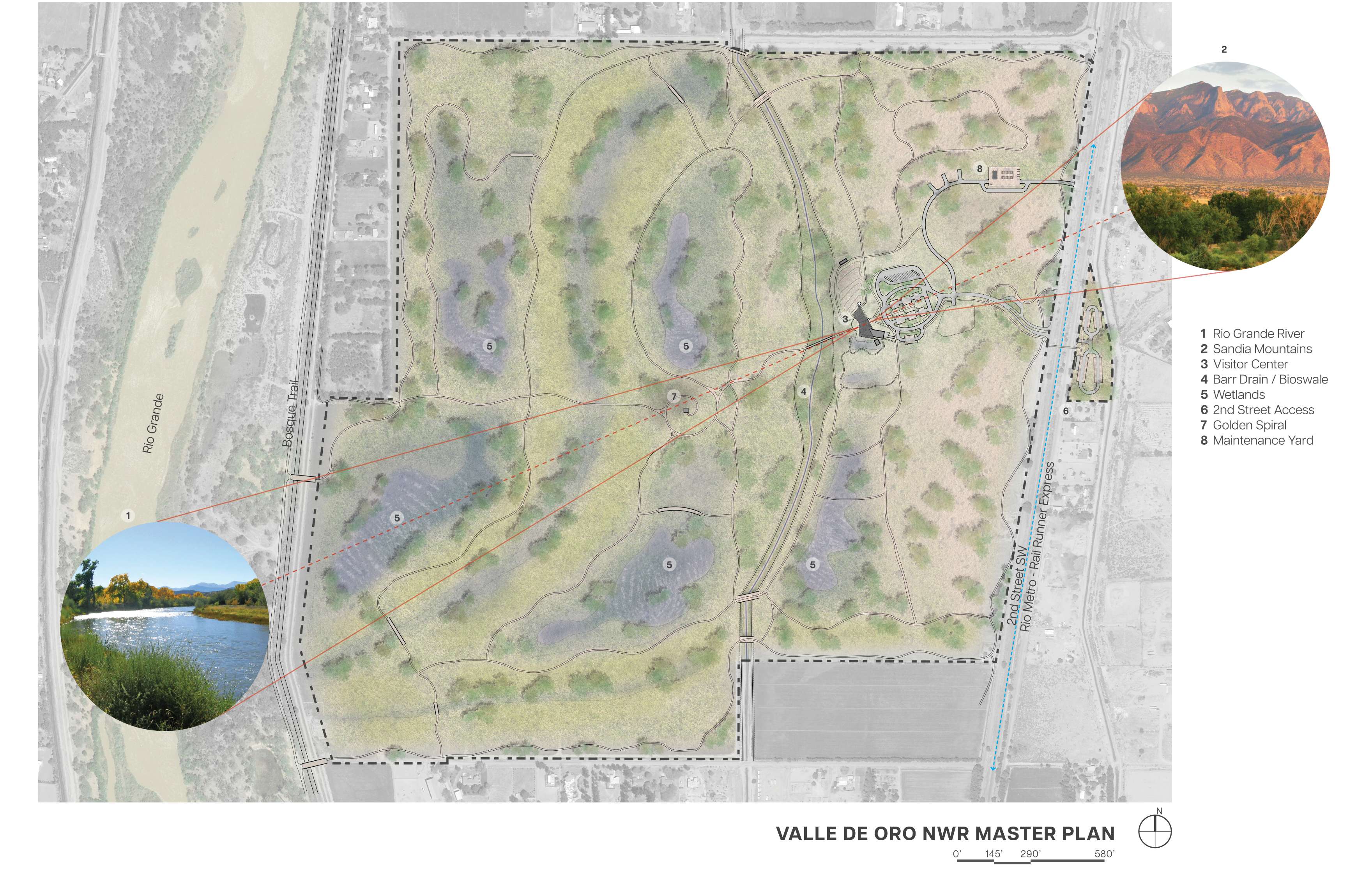 A detailed map labeled “Valle de Oro NWR Master Plan” showing pathways, river, mountains, arroyos, irrigation features, and land access points, annotated with multiple reference points and landscape images.