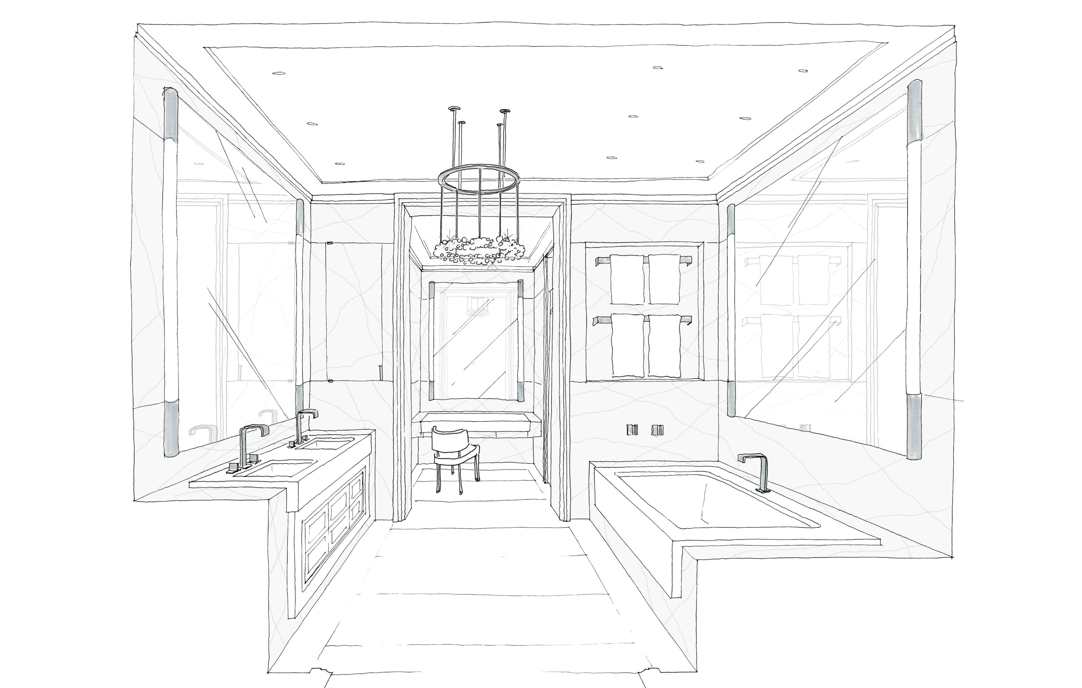 Sketch of a bathroom interior featuring a central vanity with a chair, dual sinks on either side, a bathtub on the right, and a chandelier overhead.