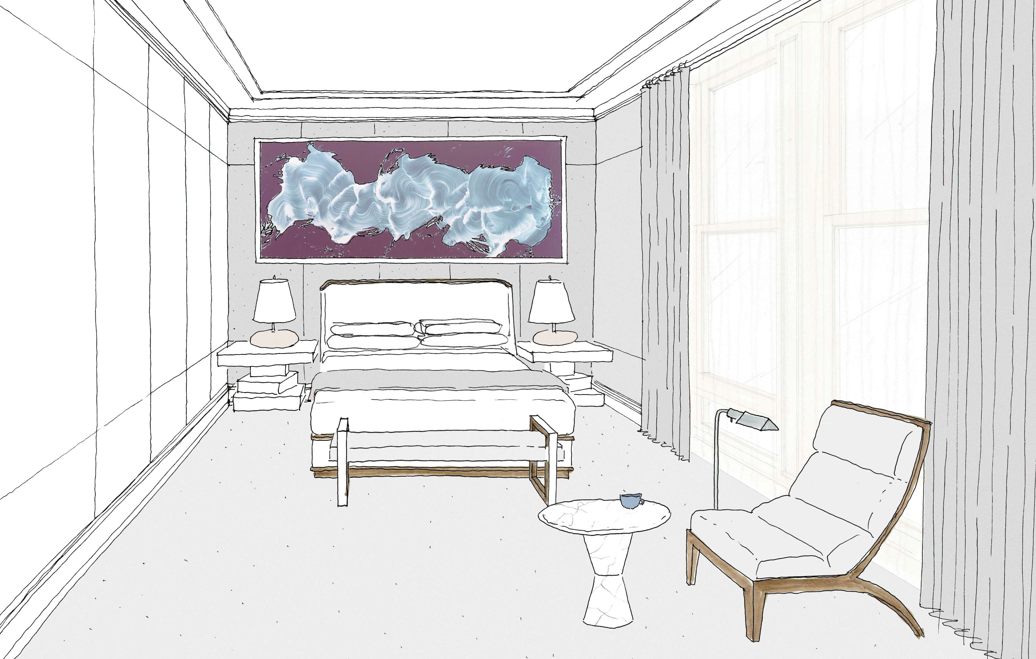 A modern bedroom sketch featuring a bed with two side tables and lamps, a chair with a side table, and a large abstract painting above the bed. Curtain-covered windows are in the background.