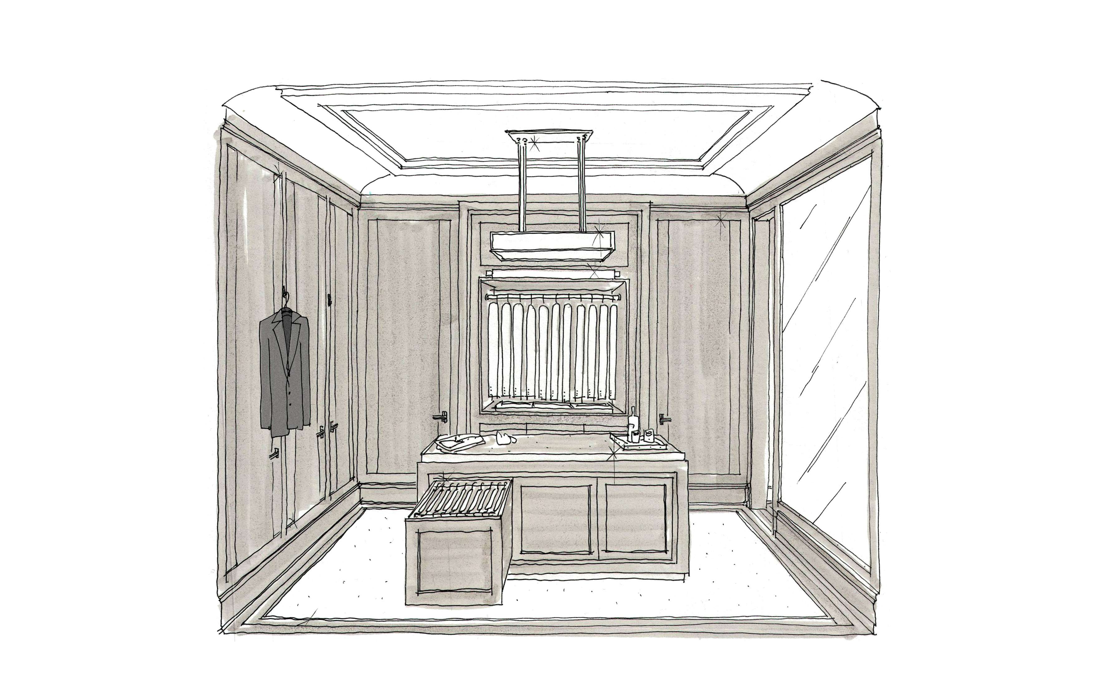 Sketch of a dressing room with a central island, hanging suit, drawers, and a large mirror with lights on the wall.