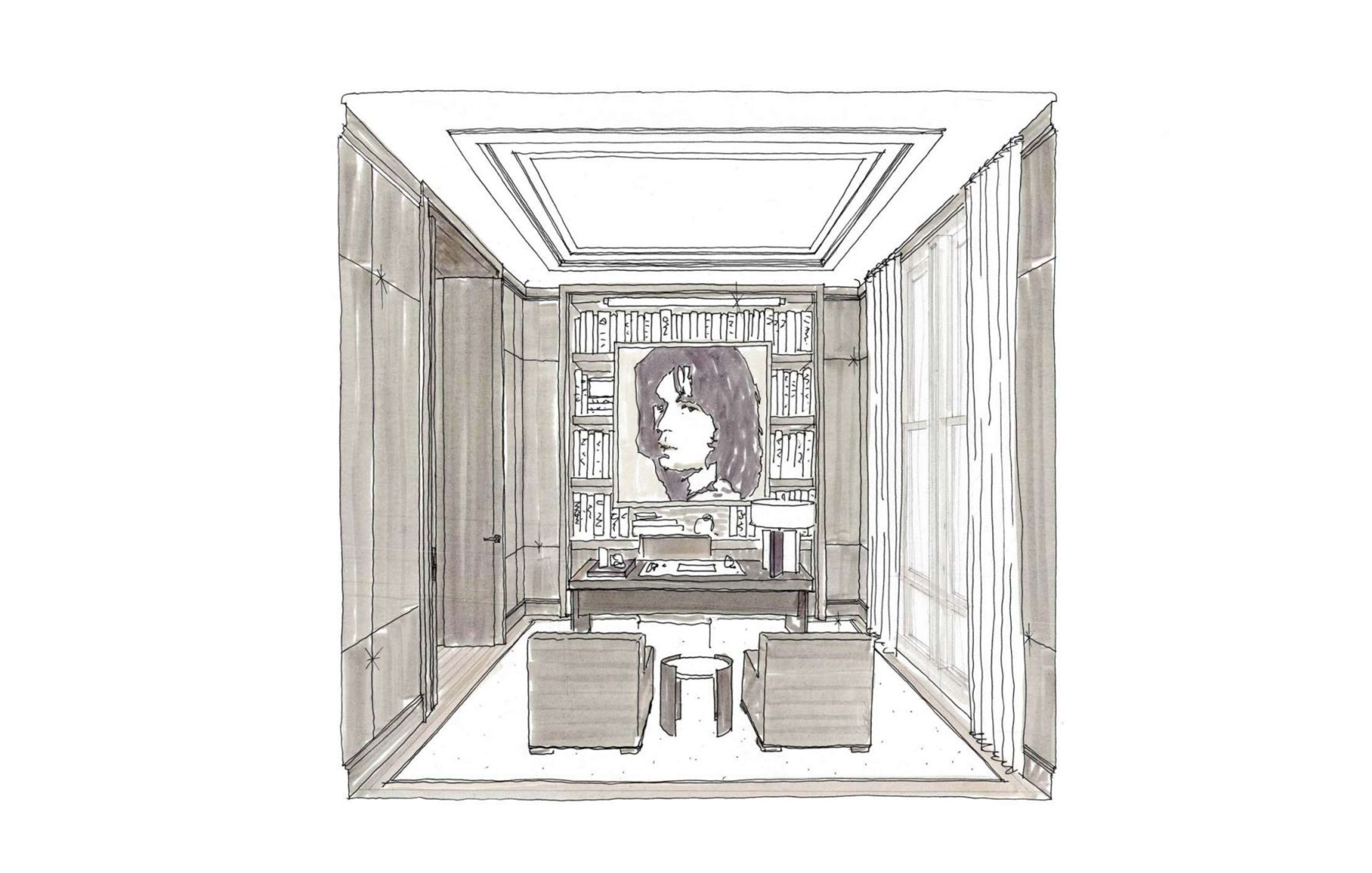 Sketch of an office with a desk, two chairs, a large bookshelf, and a portrait on the back wall. The room has large windows on the right side.