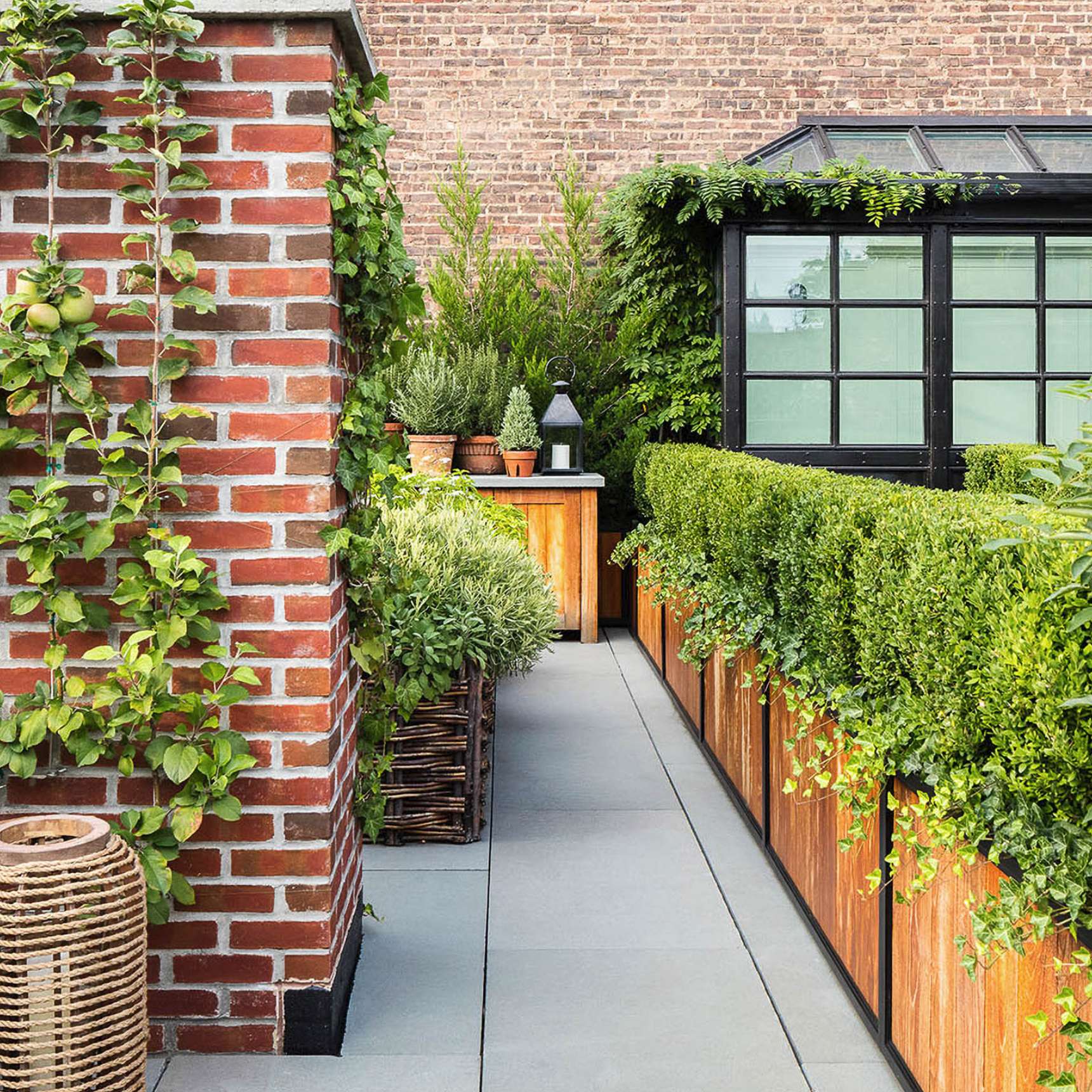 A rooftop garden with various plants in wooden planters, a brick wall on the left, and a glass window structure in the background.