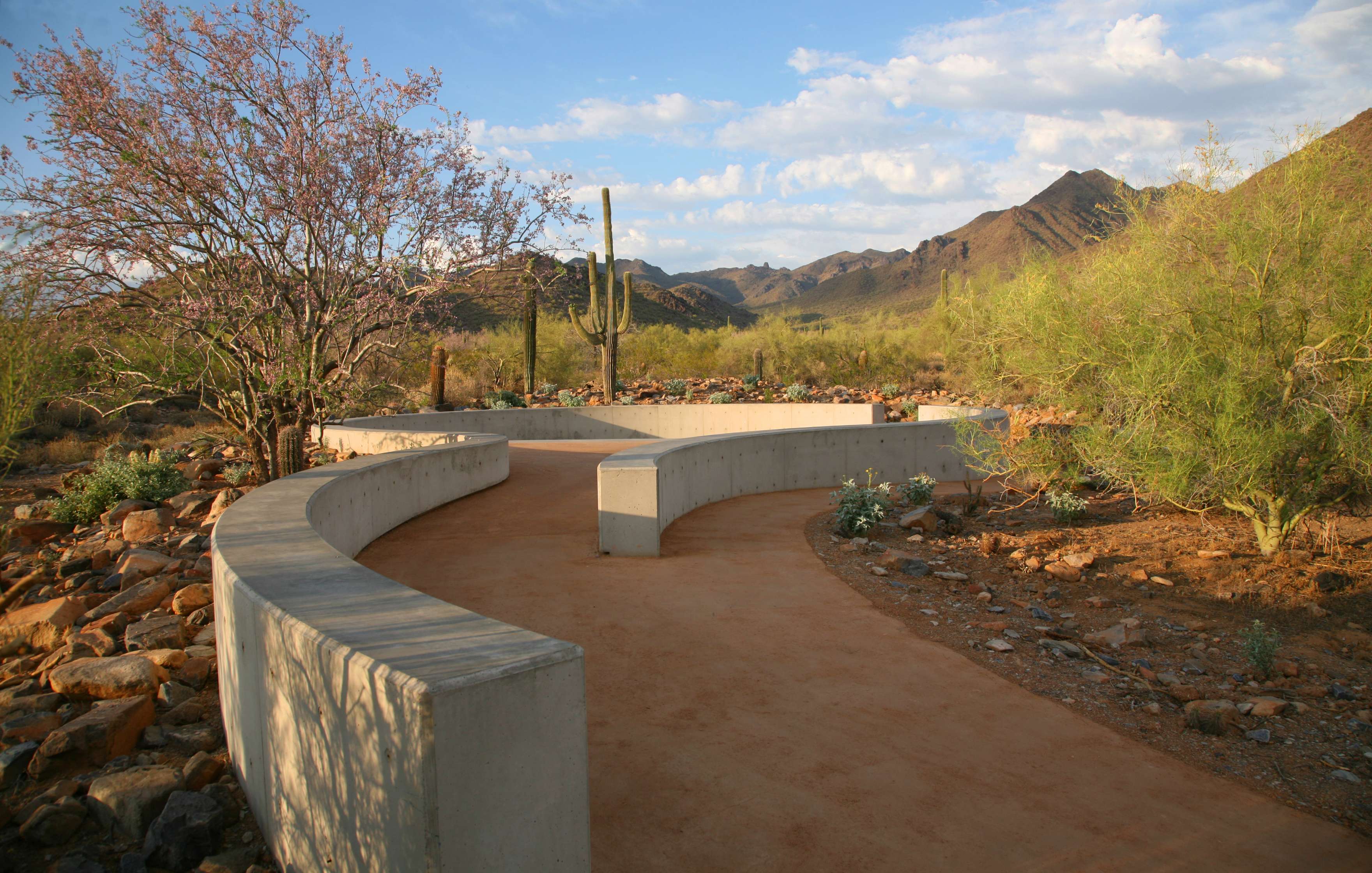 A curved concrete wall borders a dirt path in a desert landscape with cacti, shrubs, and mountains in the background under a partly cloudy sky.