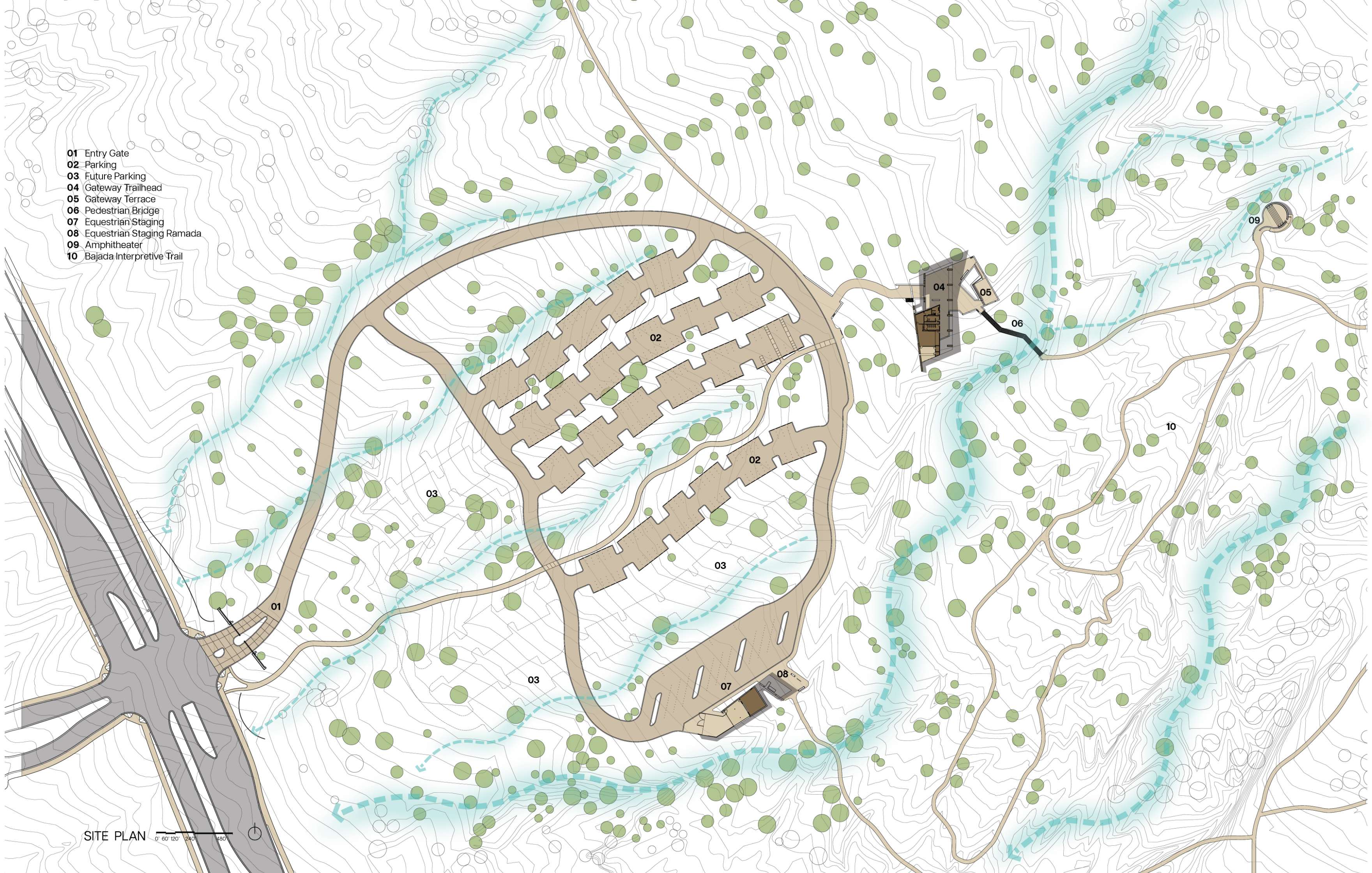 A detailed site plan of a development project showing residential units, roads, parking areas, and surrounding natural features such as trees and streams.