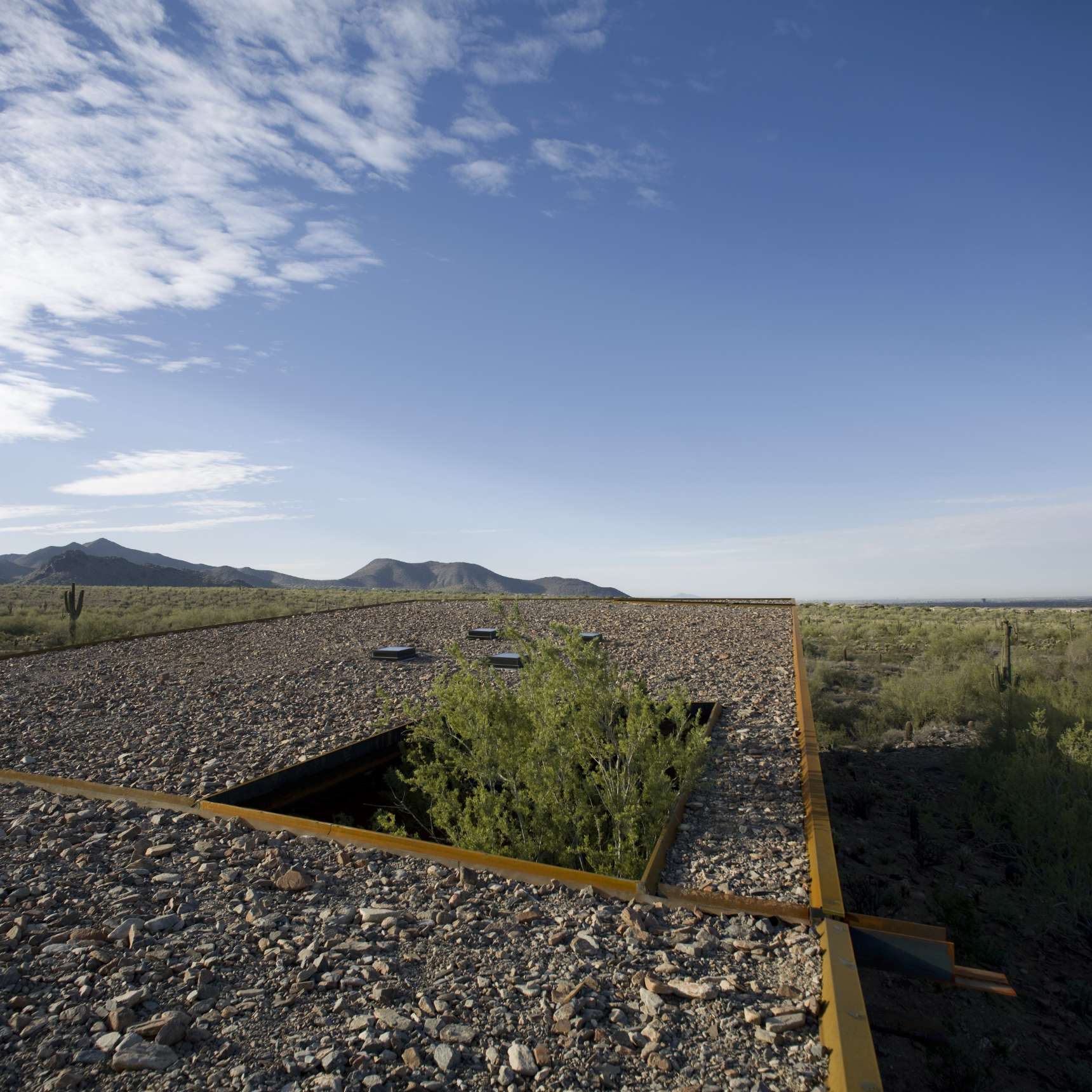 A flat, gravel-covered roof with an opening accommodating green shrubs is set against a backdrop of desert terrain and distant hills under a clear blue sky.