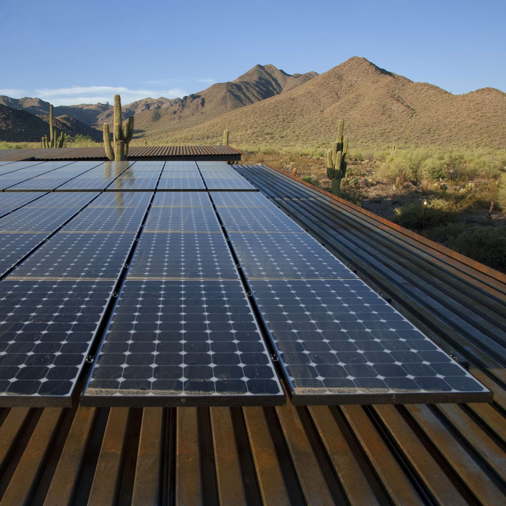 Solar panels on a rooftop in a desert landscape with cacti and mountains in the background.